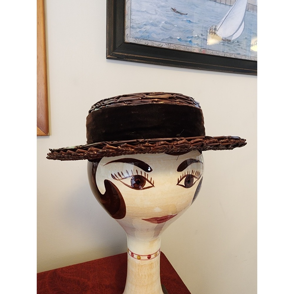 Antique Straw Boater Hat Brown Velvet Ribbon Sailor Basher Skimmer 22" Old Money